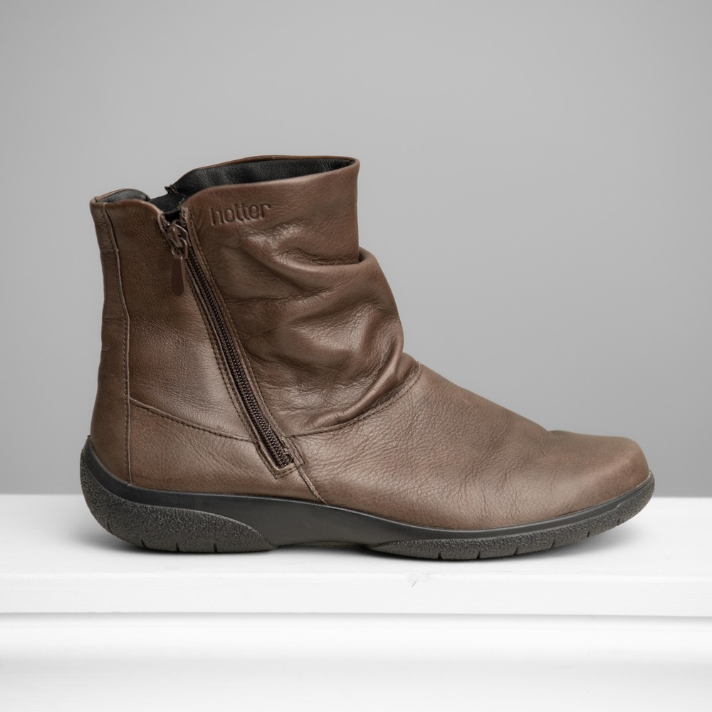 Hotter Brown Leather Slouch Ankle Boots Faux Fur Minimalist GorpCore